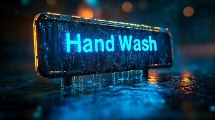 Hygiene Reminder - Hand Wash 3D Text Sign with Clean Hand Washing Scene in Bright Indoor Lighting Closeup Composition