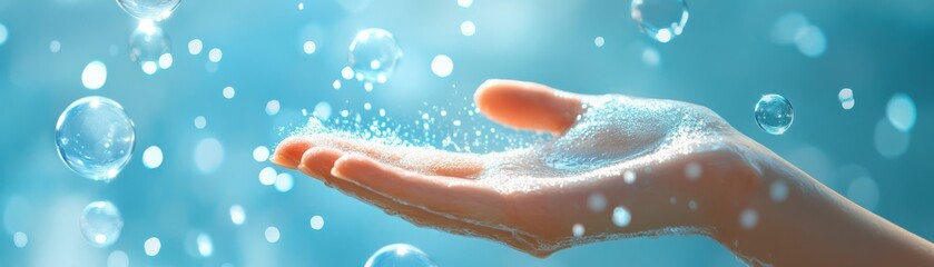 Obraz premium Elegant 3D Hand Washing Advertisement with Soap Bubbles on Blue Background - Clean Hands Illustration with Space for Text in Stylish Typography