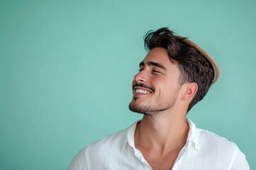 A close up of a man's face with his eyes closed