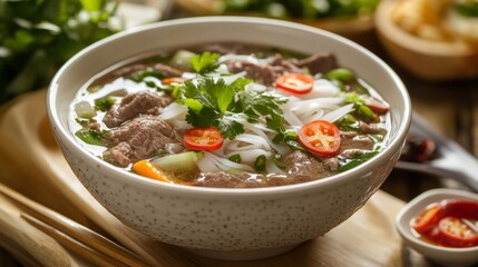 The national cuisine of Vietnam: Pho bo (Vietnamese beef soup). 