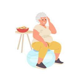 Overweight fatty elderly woman cartoon character doing training workout on fitball to loss weight