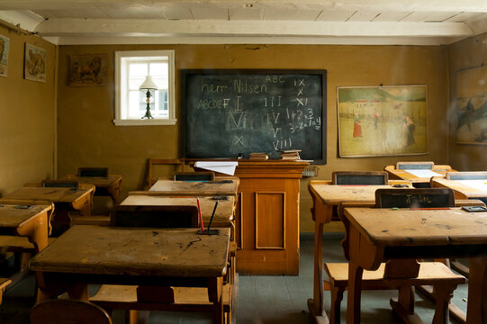 Gamle (Old) Bergen Museum - Open Air Museum, Norway. BERGEN, NORWAY - JULY 21, 2018: Gamle (Old) Bergen Museum - Open Air Museum with a small town life during the 18th and 19th centuries. Classroom. 