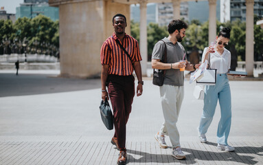 A group of business people walking and collaborating in an urban city plaza on a sunny day. Perfect for concepts of teamwork, collaboration, and modern business lifestyle. © qunica.com