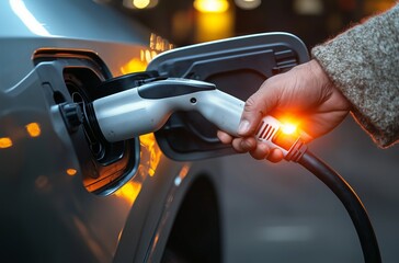 Primo piano di una mano che collega un cavo di ricarica a un'auto elettrica, simbolo di un futuro sostenibile e della transizione verso un'energia più pulita e efficiente.