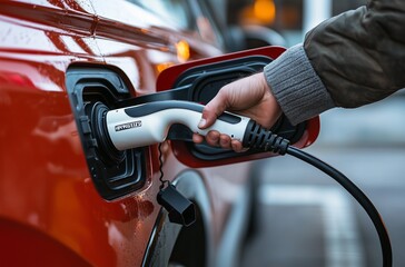 Obraz premium Primo piano di una mano che collega un cavo di ricarica a un'auto elettrica, simbolo di un futuro sostenibile e della transizione verso un'energia più pulita e efficiente.