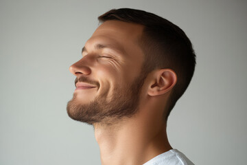 A close up of a man's face with his eyes closed
