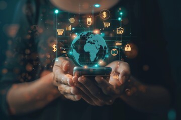 A person holding a smartphone with a glowing digital globe and interconnected network icons hovering above, symbolizing global connectivity and modern technology.