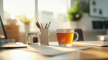 Cozy Home Office Setup with a Cup of Tea and Sunlight