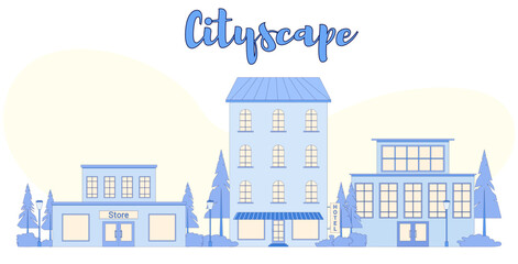 Obraz premium Cityscape. Cityscape in flat style. Linear style. Houses made of geometric objects. Buildings. Rental and booking. Housing. Illustration for a website, post, article, brochure, etc.