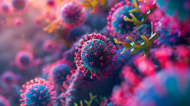 A close-up image of smallpox virus particles surrounded by antibodies in the bloodstream.