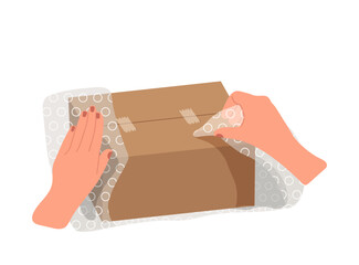 Female hands packing cardboard box container into bubble wrapping film isolated on white background