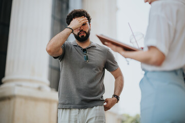Disappointed businessman reacting to unpleasant news during an outdoor meeting with his teammates. Emotions of frustration and concern are seen as he processes the information.
