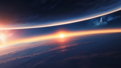 artificial intelligence-created dawn over the planet Earth from space