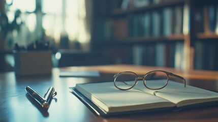 Open Book, Glasses, and Pens on a Desk - A Study Setup