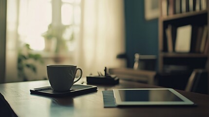Coffee and Tablet on a Wooden Desk - Minimalist Home Office Setup
