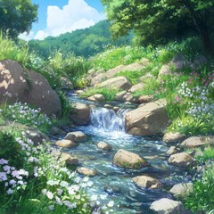 Enchanted anime-style Summer Creek: Tranquil Brook Flowing Over Stones with Wildflowers Blooming by the Bank, Ideal for Leisurely Vacations and Travel Posters,Anime-Style,illustration,Picture BooksFor