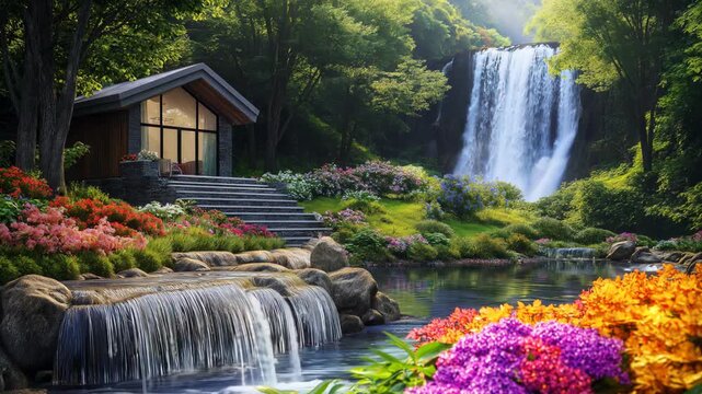 rustic boho wood cabin home beautiful exterior design home garden with lush tranquil wild atmosphere, green plants and flowers blossoming, relaxing green space
