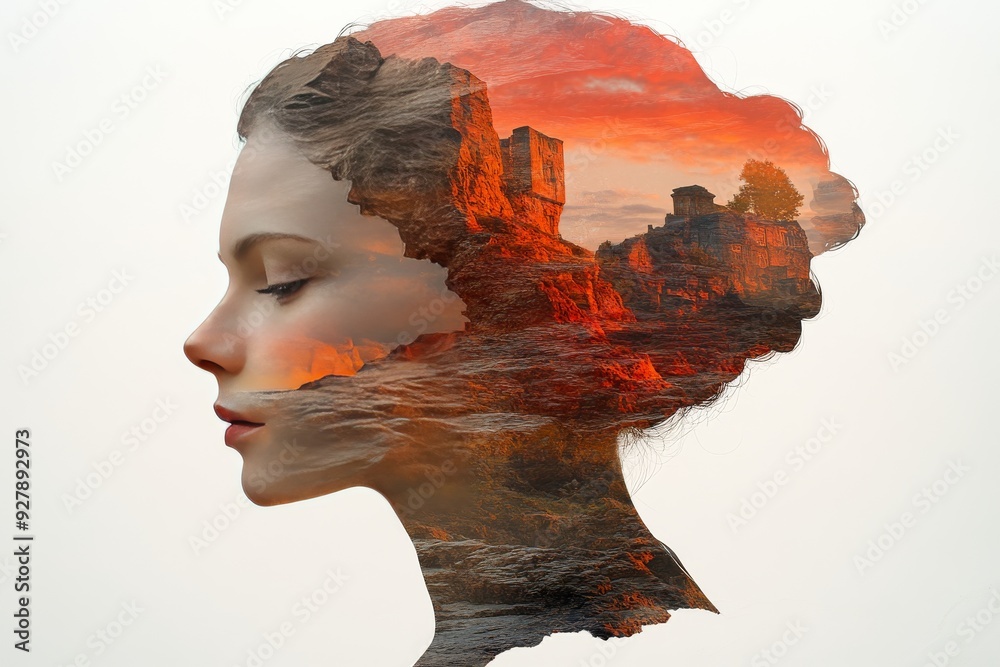 Canvas Prints Womans profile blending with rugged landscape depicting the harmony between human emotion and nature