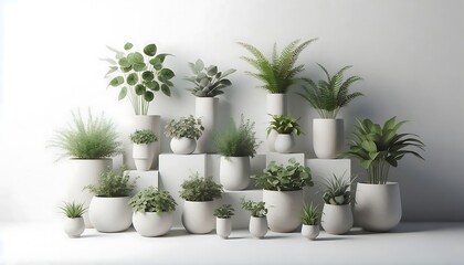 a row of potted plants are on a shelf with a white potted plant.
