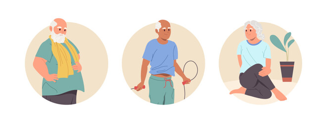 Fototapeta premium Happy old people cartoon character practicing sports training workout isolated round composition set