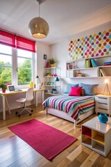 Teenage bedroom interior with stylish furniture and beautiful decor elements