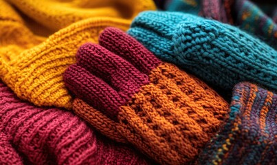 Fototapeta premium Colorful knitted gloves and scarves in warm shades