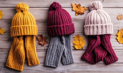 Cozy knitted hats and scarves in rich fall colors on a light wooden background