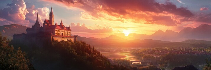 Sunset Over the Enchanted anime-style Ancient Castle: A Magical Historical Drama Landscape for Castle Tourism and Storytelling