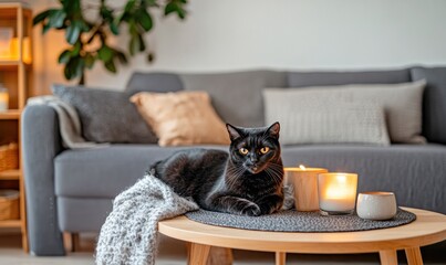 A living room with a grey rug, wooden furniture, autumn-colored throw blankets, candles on the table and a black Maine Coon