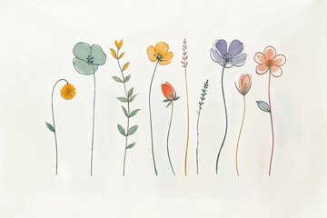 Collection of  multicolored watercolor wildflowers and leaves on a white background. Botanical illustration with copy space. Design for wallpaper, poster, greeting card, invitation, and postcard