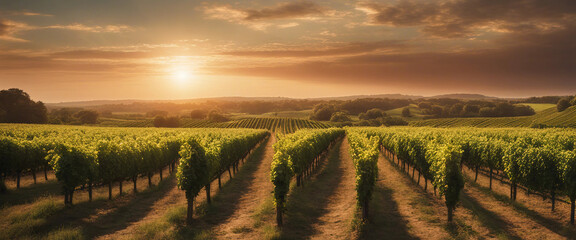 Fototapeta premium The sun sets over a lush vineyard, with rows of grapevines stretching out towards the horizon