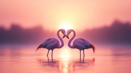 Naklejka premium A pair of flamingos with their necks intertwined in a heart shape, standing in a tranquil lake at sunset