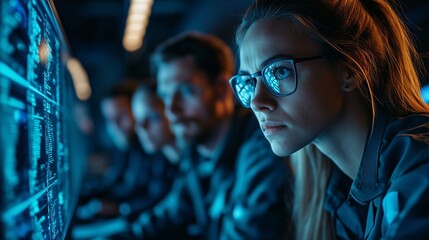 Una professionista in cybersicurezza concentra la sua attenzione su un monitor illuminato da codici blu, riflessi nei suoi occhiali, mentre lavora con il suo team in un ambiente ad alta tecnologia. Il