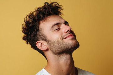 Obraz premium A close up of a man's face with his eyes closed