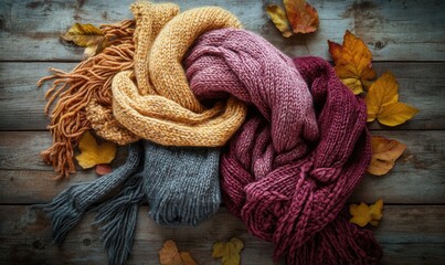 Knitted sweaters in warm autumn shades on a rustic wooden background