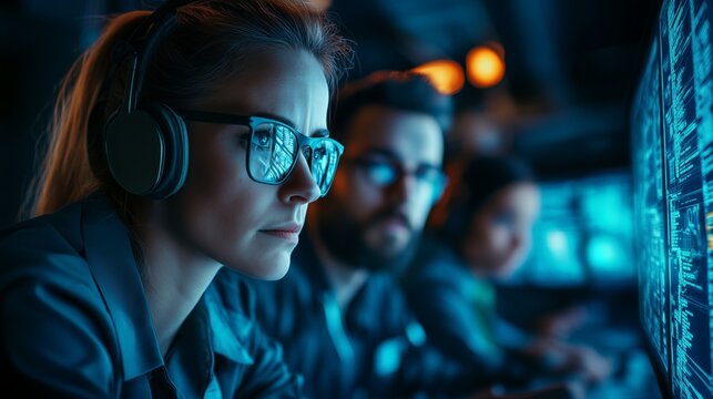 Una professionista in cybersicurezza concentra la sua attenzione su un monitor illuminato da codici blu, riflessi nei suoi occhiali, mentre lavora con il suo team in un ambiente ad alta tecnologia. Il