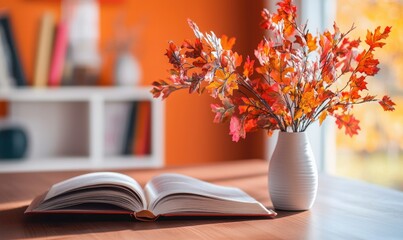 Minimalist table with a couple of books and a vase filled with vibrant autumn leaves