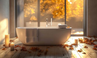 Modern Scandinavian bathroom with a wooden floor, autumn-colored towels, and candles around the tub