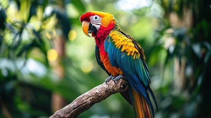 Obraz premium A close-up of a vibrant exotic bird with colorful feathers perched on a branch in a tropical jungle