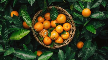 A basket of fresh harvested orange fruit with green leaf background in plantation farm field