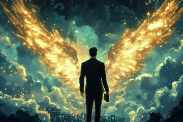 Anime-style of a powerful male figure in a suit with large white wings, set against a bright sky and urban cityscape. Represents leadership, empowerment,  the fusion of professional  fantasy element.