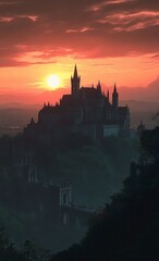 Naklejka premium Sunset Over the Enchanted anime-style Ancient Castle: A Magical Historical Drama Landscape for Castle Tourism and Storytelling