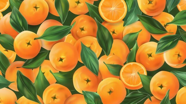 Seamless repetitive background pattern of fresh orange fruit with leaf