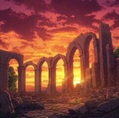 Sunset Over Enchanted anime-style Ancient Ruins: Magical Dusk at Historical Landmarks for Time Travel Tales and Leisurely Vacations,Anime-Style,illustration,Picture BooksFor Poster,Novel,UI,WEB,Game,D