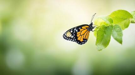 Fototapeta premium Monarch butterfly emerging from its chrysalis on a green leaf
