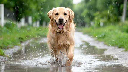 Dog splashing in a puddle during a rainy day, National Dog Day, carefree fun