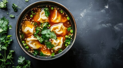 A bowl of wonton soup with fresh herbs, with space for menu items or branding on the side.