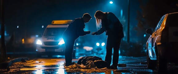 Two figures in silhouette standing over an unconscious person lying on the wet pavement at night.