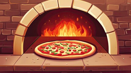 A clipart illustration of a pizza oven with a pizza inside, with space for promotional content.