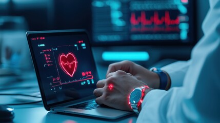 A doctor monitors heart rate data on a laptop, showcasing advanced healthcare technology and patient monitoring systems.